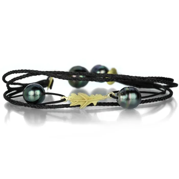 Black Nylon Bracelet with Pearls and Leaf