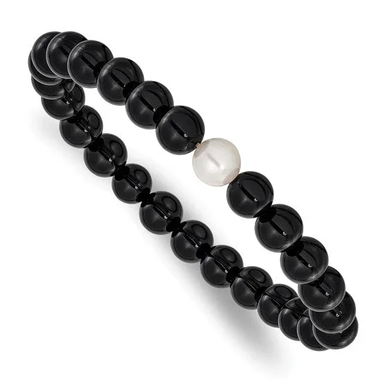 Black Onyx and White Freshwater Cultured Pearl Stretch Bracelet
