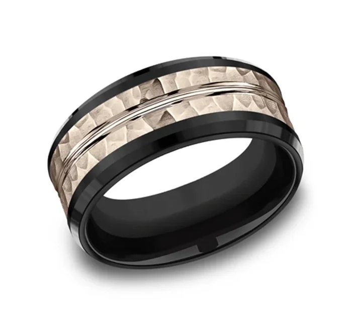 Black Titanium And 14K Rose Gold ‘The Ridley’ Hammered Finish 9mm Wedding Band