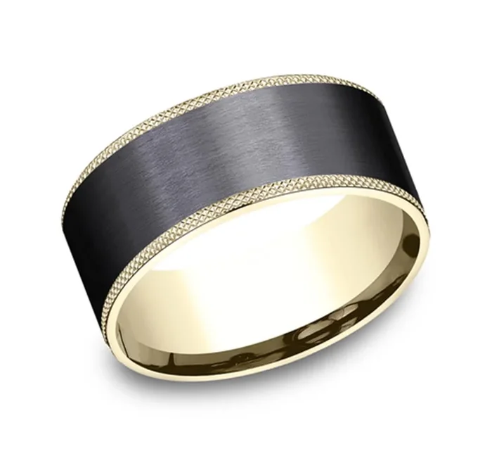 Black Titanium And 14K Yellow Gold ‘The Rogue’ Satin Finish Knurl Edges 9mm Wedding Band