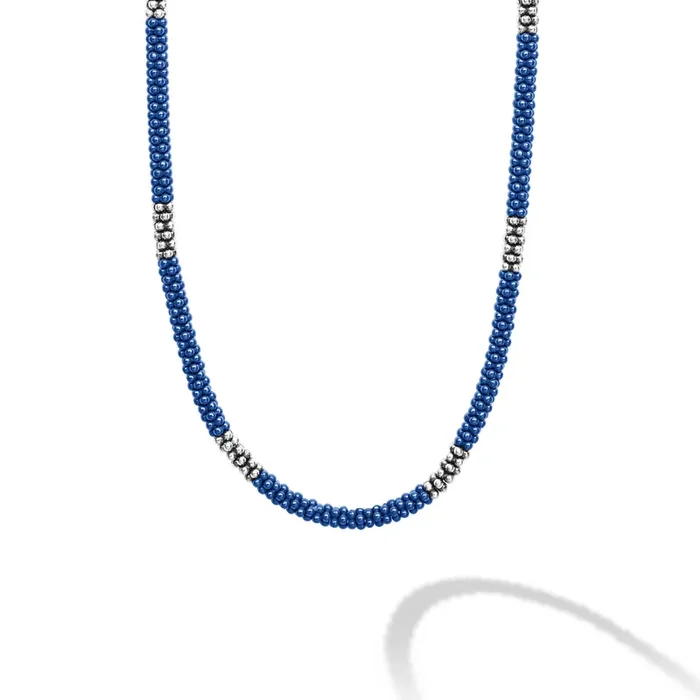 Blue Caviar Ultramarine Silver Station Ceramic Beaded Necklace 3mm