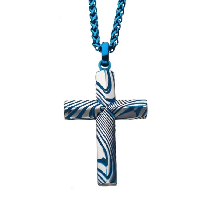Blue IP Damascus Cross Pendant Necklace