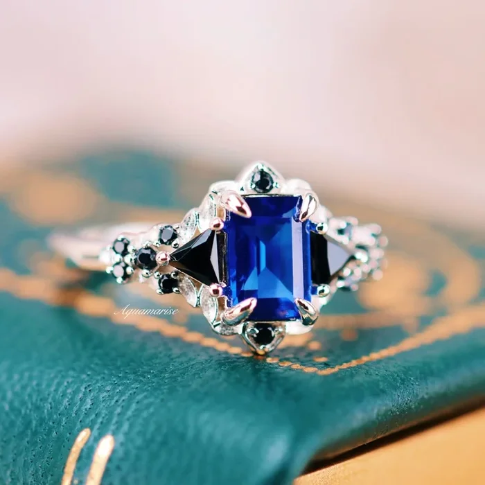 Blue Sapphire & Black Onyx Leaf Engagement Ring- 925 Sterling Silver