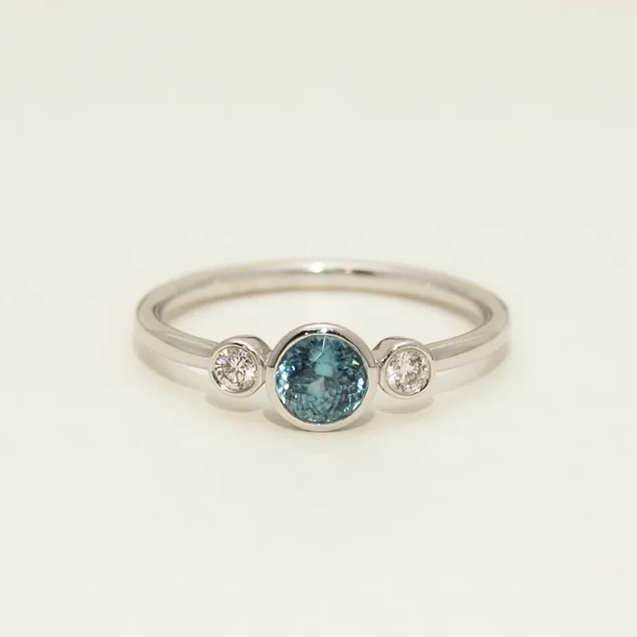 Blue Zircon Bezel Ring in 18kt White Gold with Diamonds (1/10ct tw)