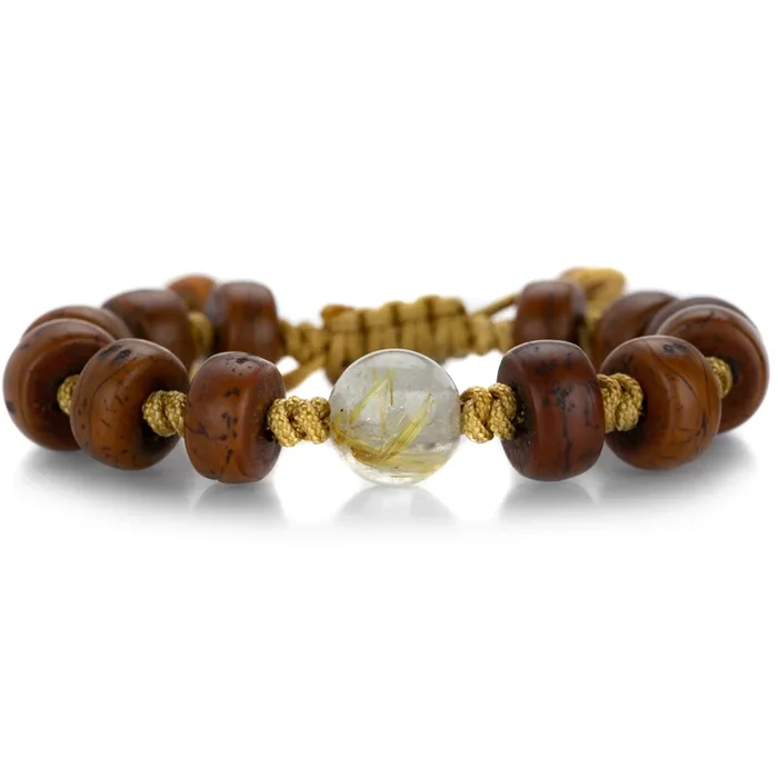 Bodhi Seed Bead Bracelet with Gold Rutile Quartz