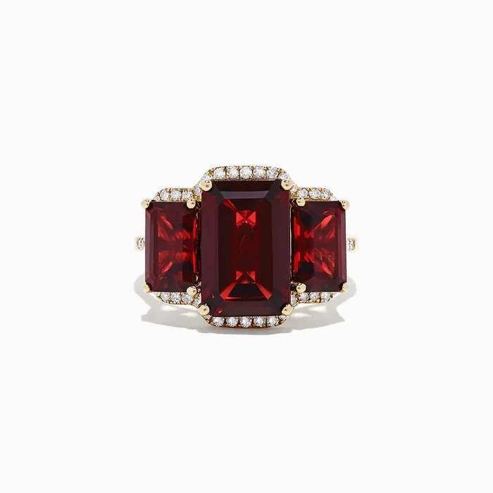 Bordeaux 14K Yellow Gold Garnet and Diamond Three Stone Ring, 8.62 TCW