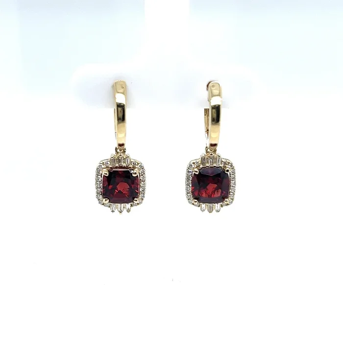 Bremer Jewelry Cushion Shape Garnets and Diamond Dangle Earrings in 14K Yellow Gold (3.59ctw)