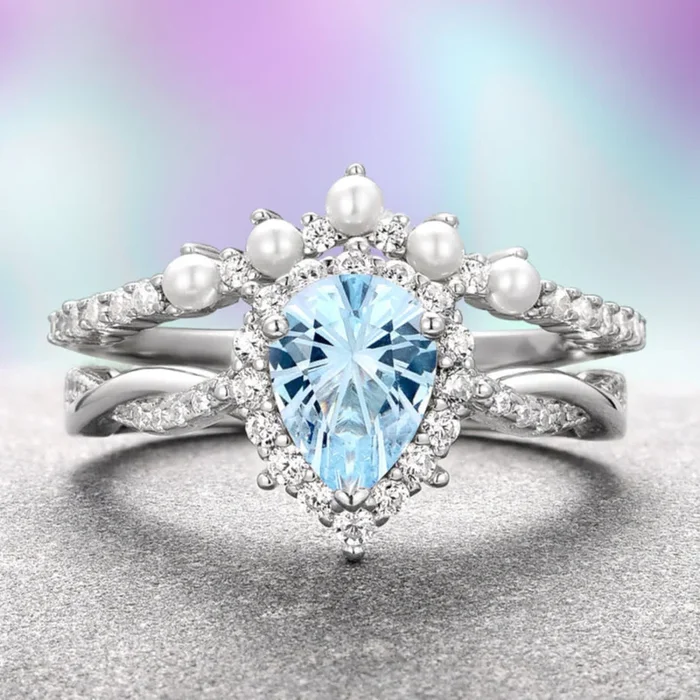Briar Aquamarine & Pearl Ring Set in Sterling Silver