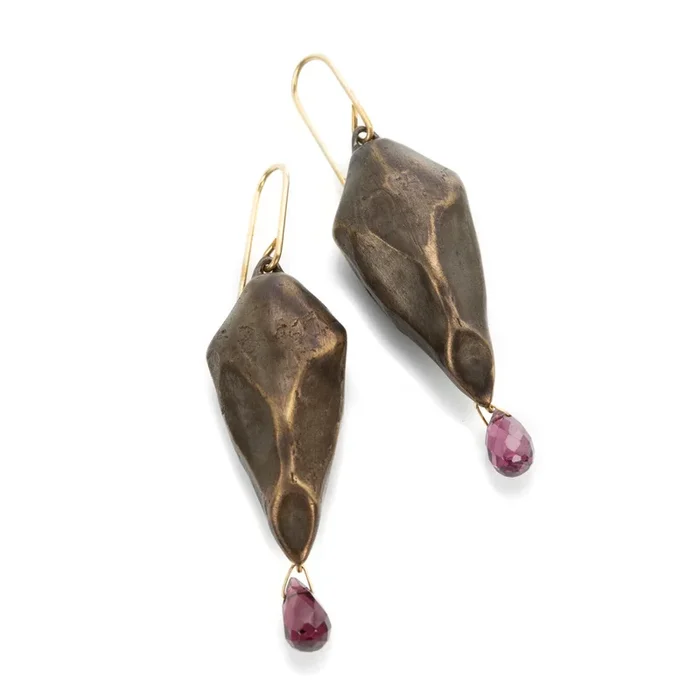 Bronze Deer Skull & Garnet Drop Earrings