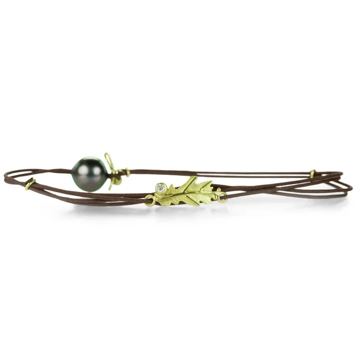 Brown Cord Diamond Leaf Bracelet