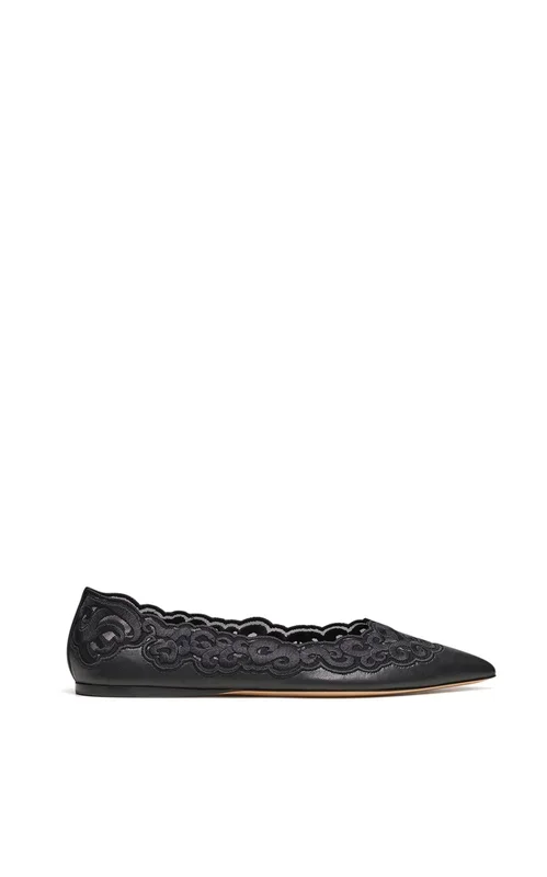 ブラックナッパレザーとシルクレースのZivaフラットシューズ