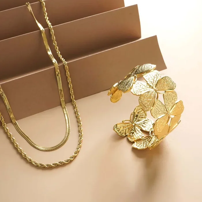 Butterfly Gold Cuff Bracelet & Rope N Snake Chain Combo Set