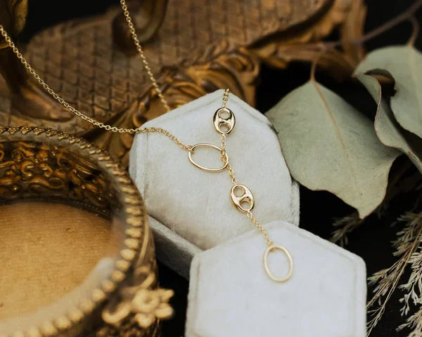 CABLE SPLIT CHAIN NECKLACE WITH PUFF LINK STATIONS IN 14K YELLOW GOLD