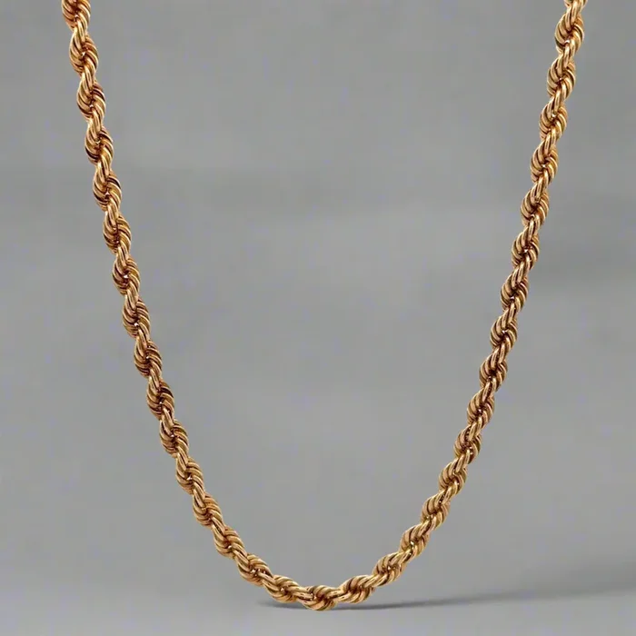 Cadena de cuerda unisex de oro amarillo macizo de 14 quilates, 3,8 mm y 20,5″