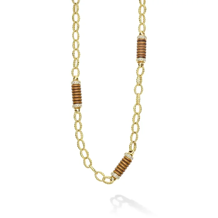 Caviar Gold Fluted Tiger Eye and 18K Gold Caviar Beaded Link Necklace