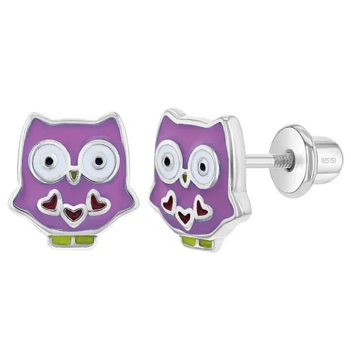 Children’s Sterling Silver Enamel Purple Owl Stud Earrings