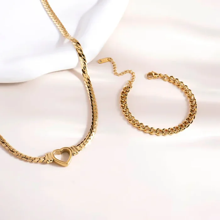Chunky Small Bracelet & Cuban Chain Hollow Heart Necklace Combo Set