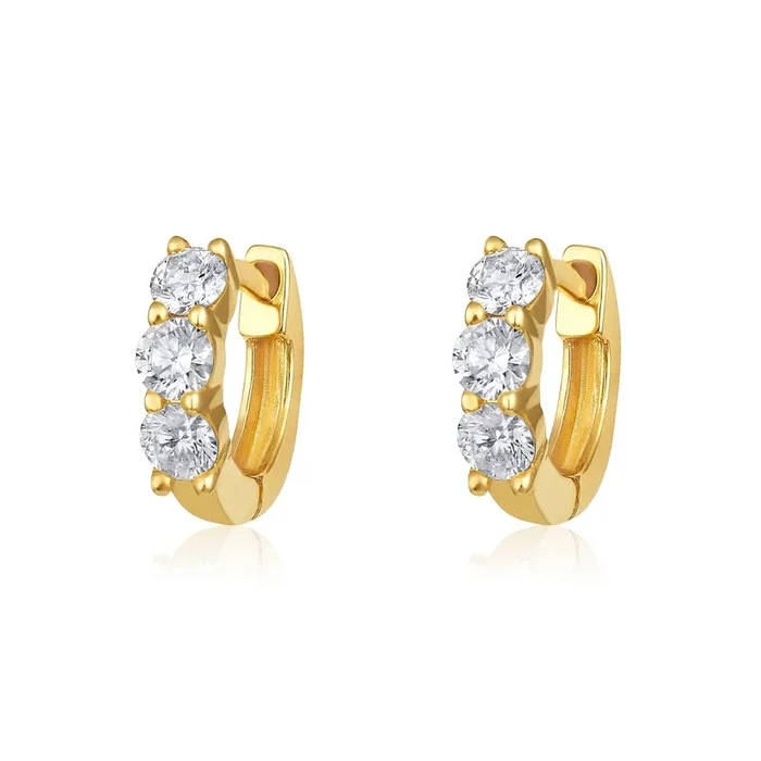 Chunky Three Diamond Yellow Gold Huggie Earrings
