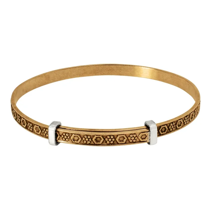 Cinching Belt Bangle in Antiqued Bronze – Geo Floral Pattern
