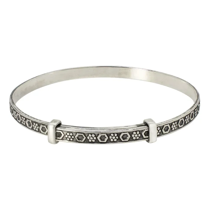 Cinching Belt Bangle in Antiqued Silver – Geo Floral Pattern