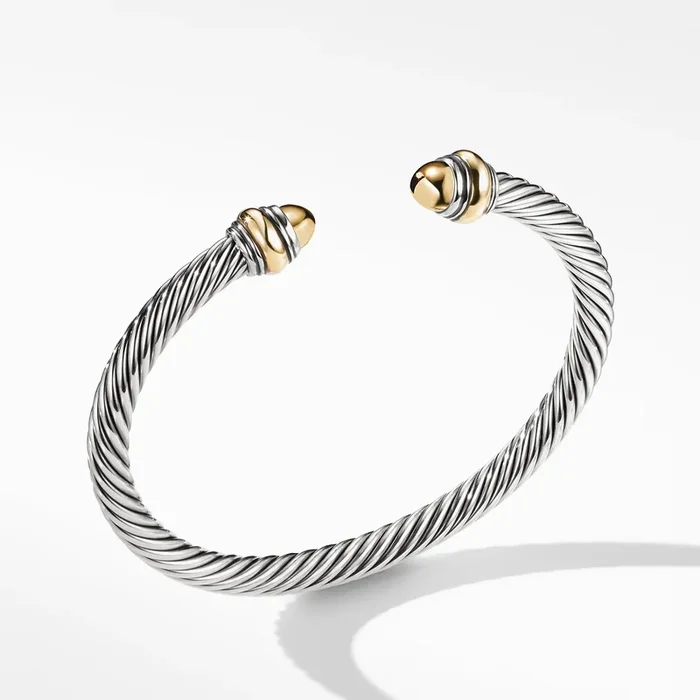 Classic Cable Bracelet in Sterling Silver with 14K Yellow Gold and Gold Domes, 5mm