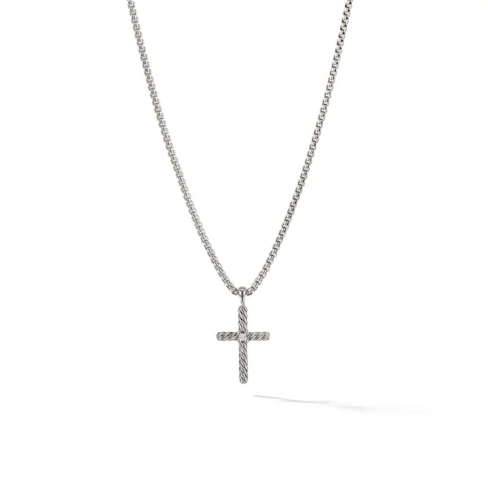 Classic Cable Cross Necklace in Sterling Silver with Center Diamond, 24.3mm