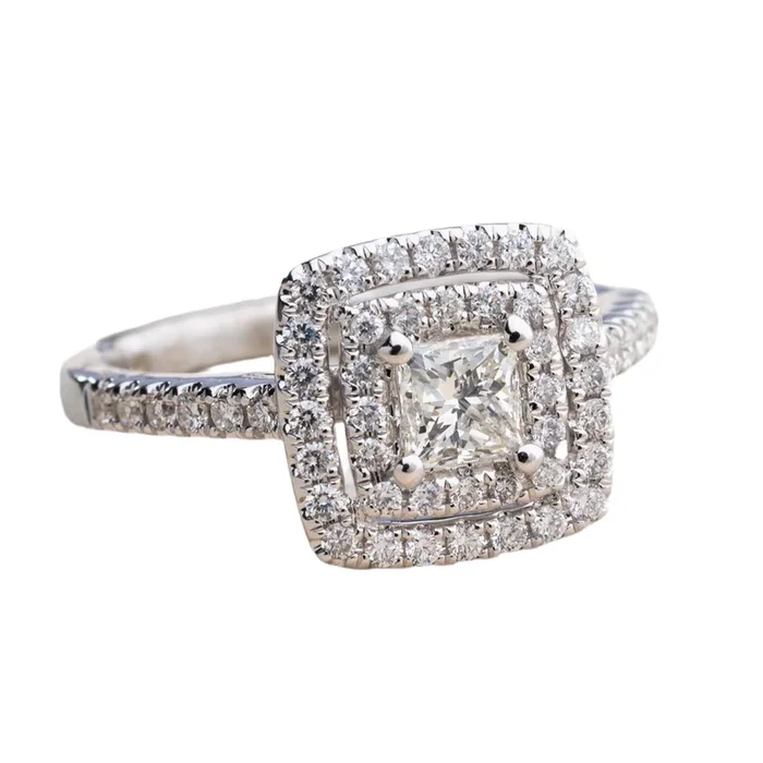 Clearance Final Sale: Princess Cut Natural Diamond Double Halo Engagement Ring in 14k White Gold