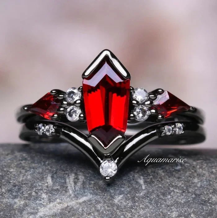 Coffin Kite Natural Red Garnet Ring Set- Black Rhodium Filled