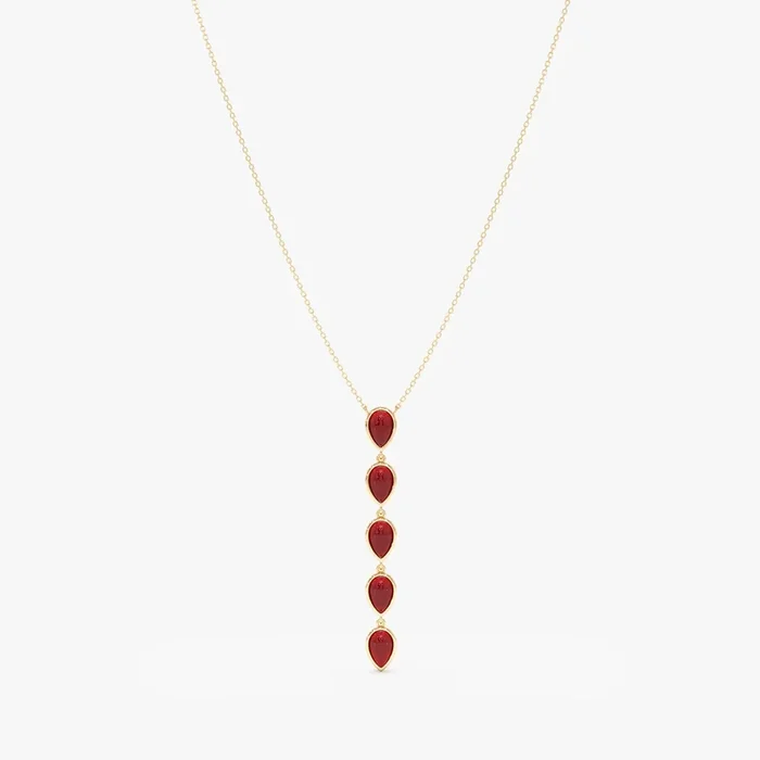 Coral Pear Cabochon Lariat Necklace, Wisteria
