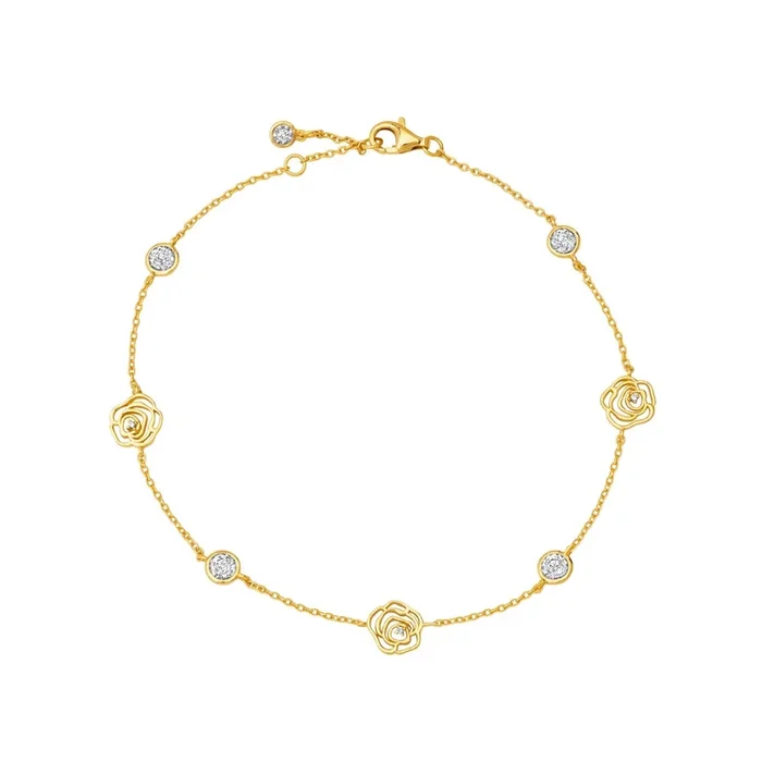 Crislu Cubic Zirconia Rosy Ankle Bracelet in Sterling Silver with 18kt Yellow Gold Finish