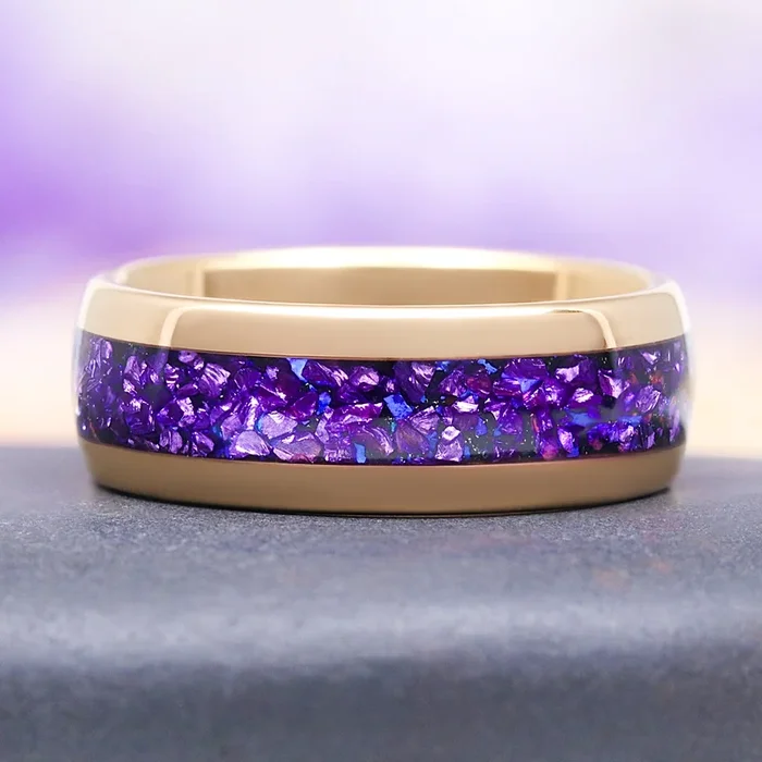 Crushed Amethyst and Galaxy Fire Opal Wedding Band in Yellow Gold Tungsten (8mm)
