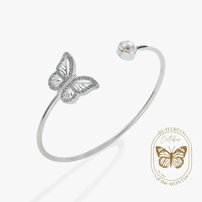 Crystal Butterfly + Pearl Flex Cuff Bracelet