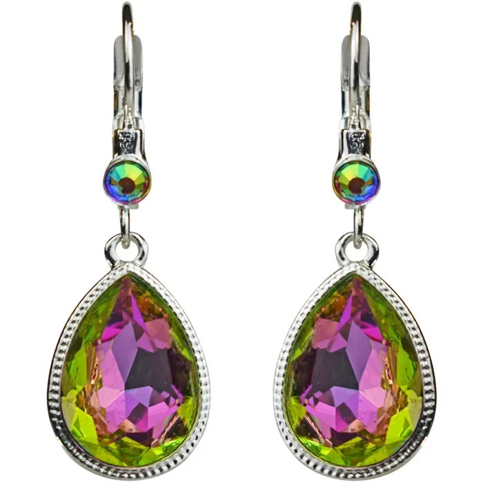 Crystal Mystic Teardrop Leverback Earrings (Sterling Silvertone/Iridis Pink)