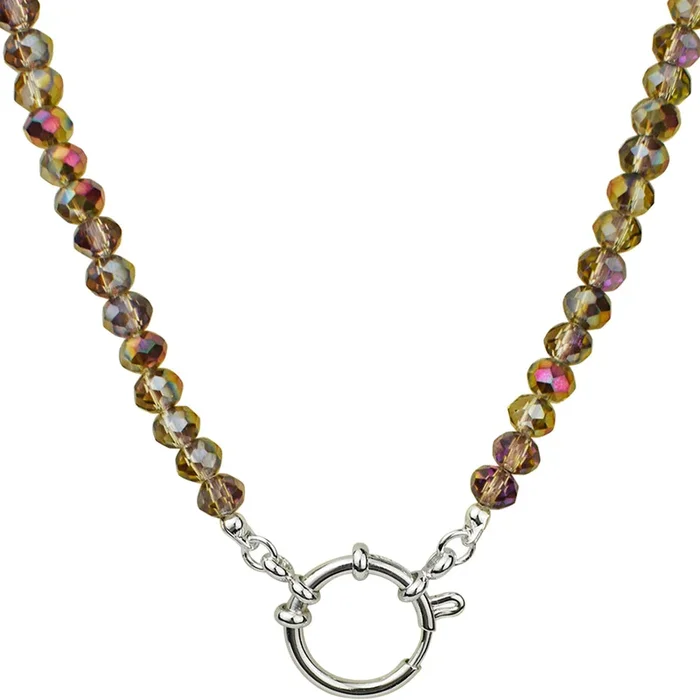 Crystalized 6mm Beaded Sailor Clasp 30″ Charm Necklace (Sterling Silvertone/Mystic Iridis)