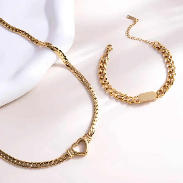 Cuban Chain Hollow Heart Necklace & Small Bar Bracelet Jewellery Set