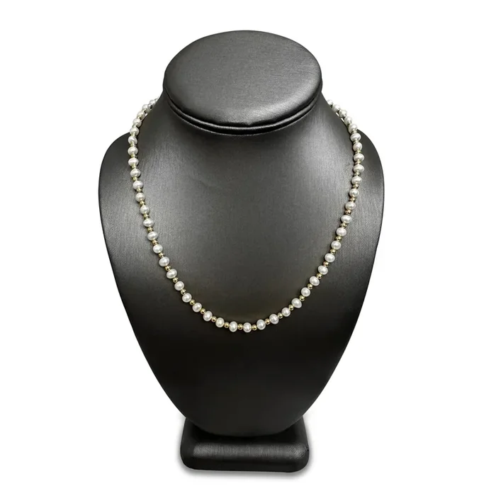 Cultured Pearl and Gold Bead Necklace in 14 Karat Yellow Gold