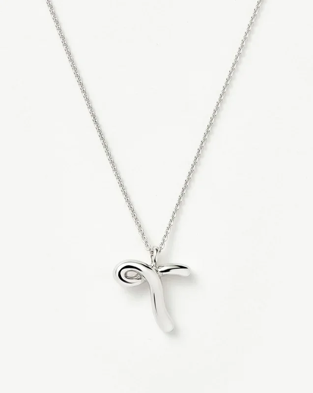 Curly Molten Initial Pendant Necklace – T | Sterling Silver