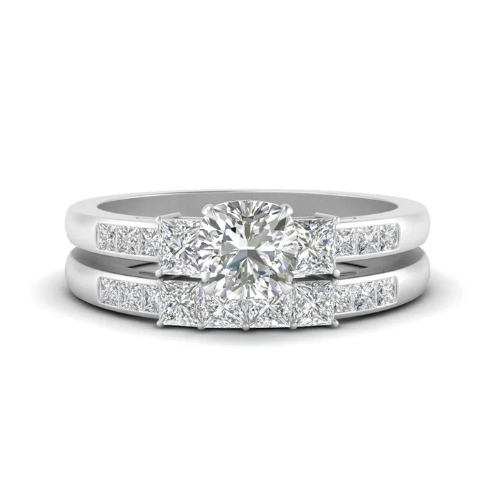 Cushion Cut 3 Stone Channel Accent Wedding Set