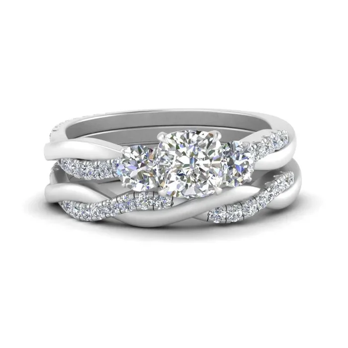 Cushion Cut 3 Stone Twist Engagement Ring And Band