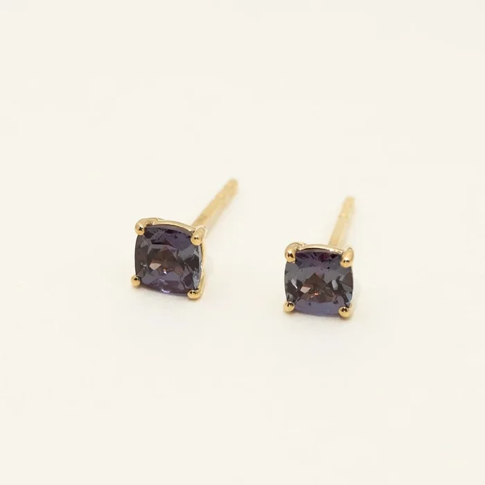 Cushion Cut Created Alexandrite Stud Earrings in 14kt Yellow Gold
