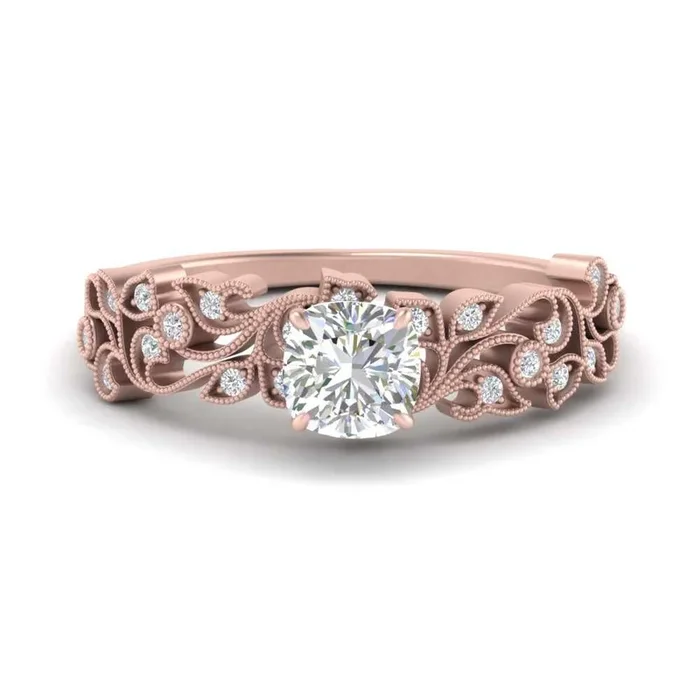 Cushion Cut Filigree Wide Band Engagement Ring