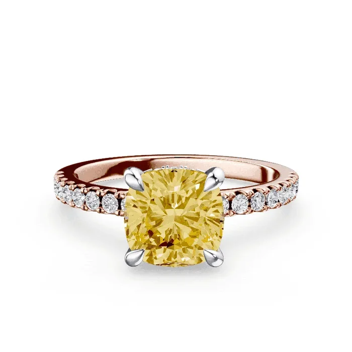 Cushion Cut Low Profile Yellow Pave Ring