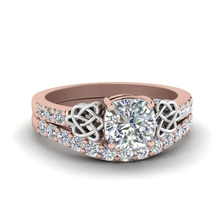 Cushion Cut Two Tone Celtic Bridal Ring Set