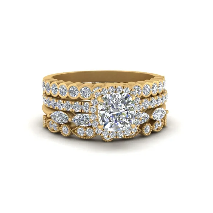 Cushion Halo Ring With Stack Wedding Bands