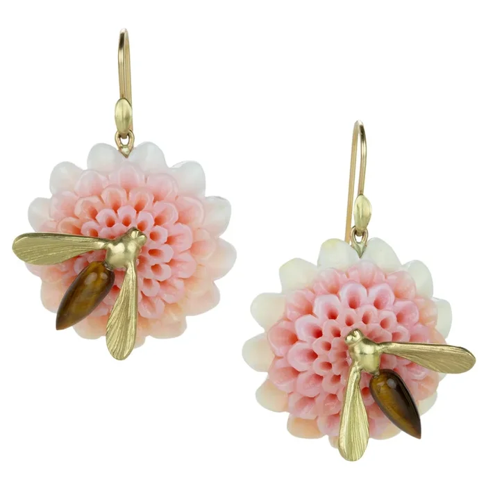 Dahlia Blossom Earrings with Bees