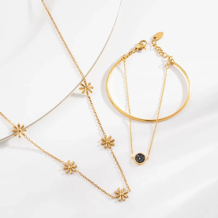 Daisy Flower Necklace & Double Layer Stone Cuff Bracelet Combo Set