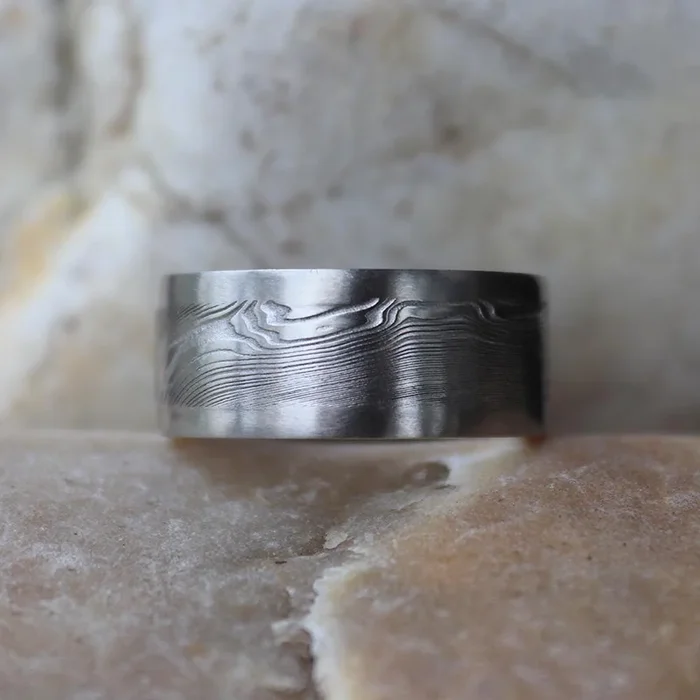 Damascus Wide Wood Grain Men’s Ring by Andrew Nyce — 9.5