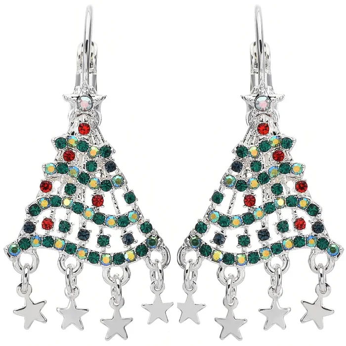 Dancing Delight Christmas Tree Leverback Earrings (Sterling Silvertone)