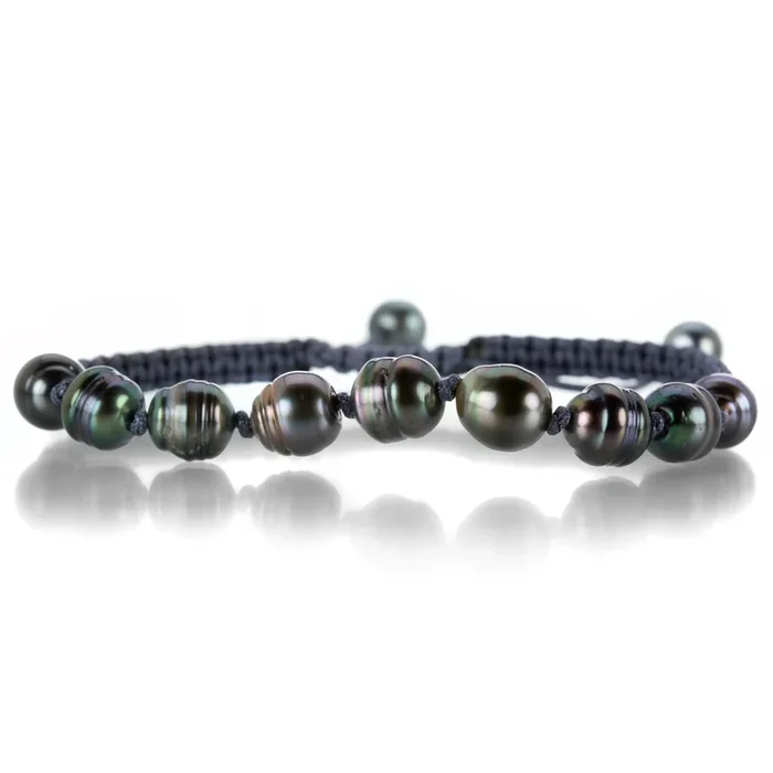 Dark Gray Macrame Bracelet with 9 Tahitian Pearls