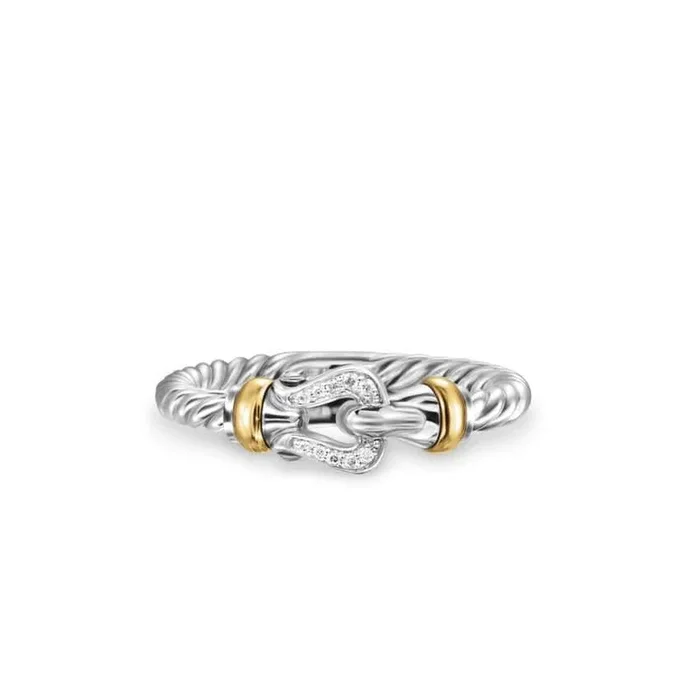DAVID YURMAN Petite Buckle Ring in Sterling Silver with 18K Yellow Gold and Diamonds, 2mm